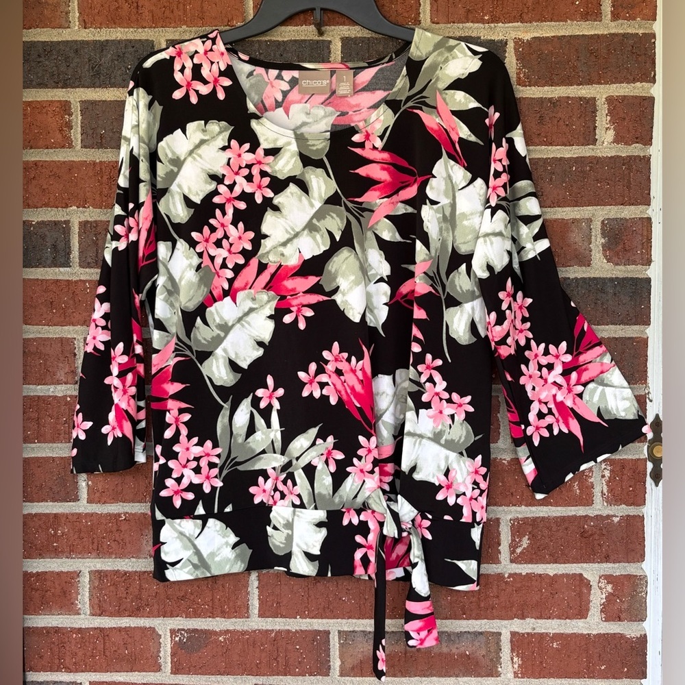 Chico’s Sz 1 Floral 3/4 Sleeve Black pink Blouse Coastal Grandma Boho women 8 M